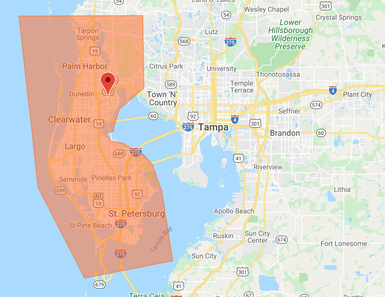 Map of Pop-A-Lock Clearwater Service Areas