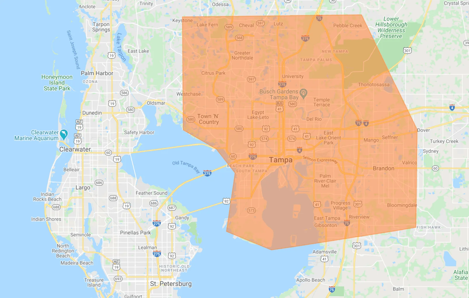 Map of Pop-A-Lock Tampa service areas