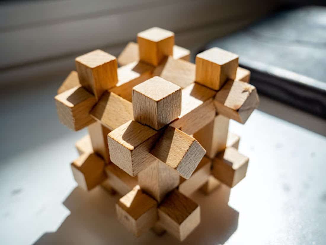 A wooden 3D puzzle.