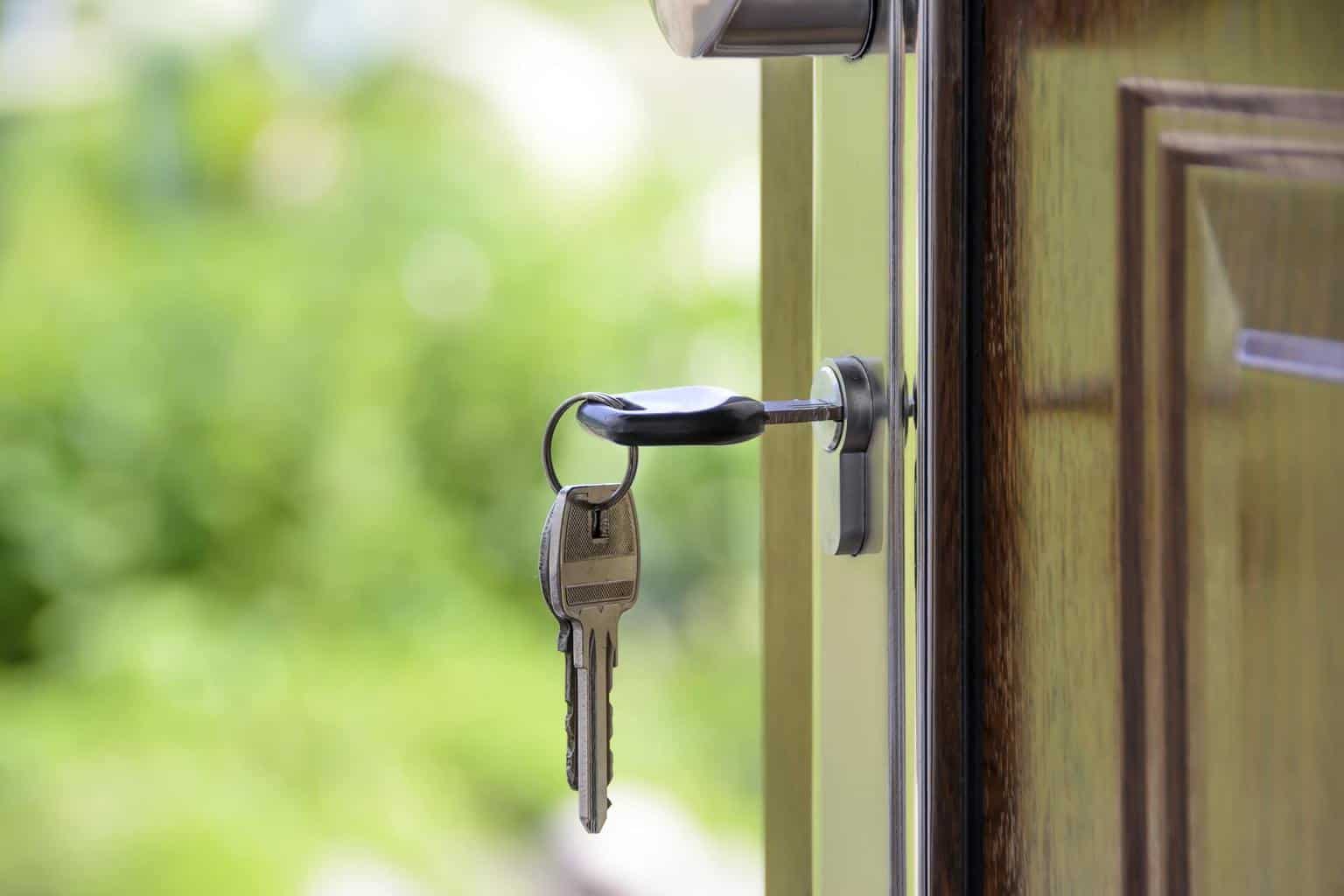 A key in a door lock.