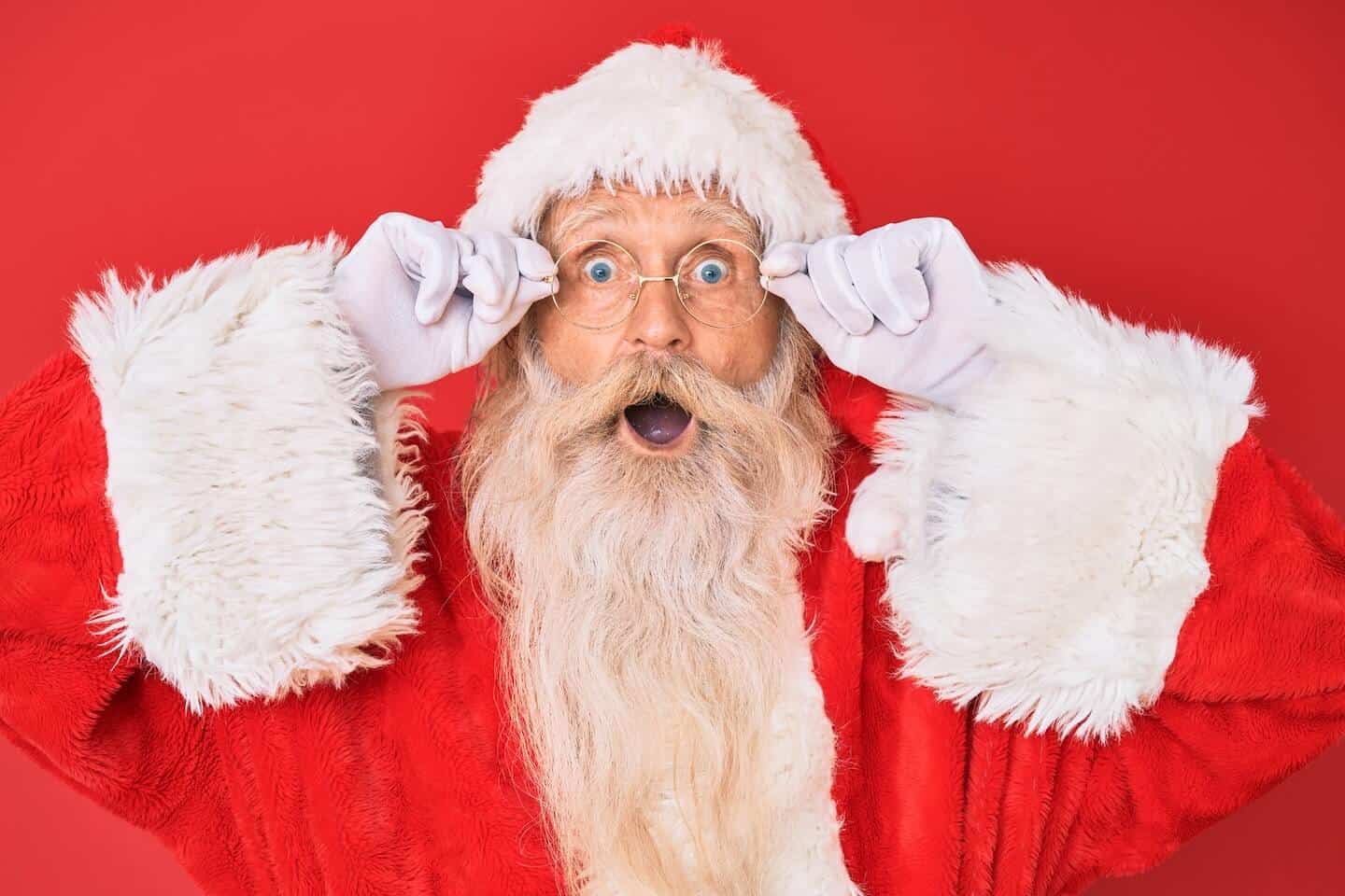 Santa Claus holding onto the sides of his glasses with both hands, and an open mouth looking surprised.