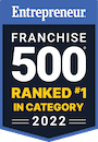Two-toned blue badge with white and yellow text reading 'Entrepreneur; Franchise 500; Ranked number 1 in category; 2022'.