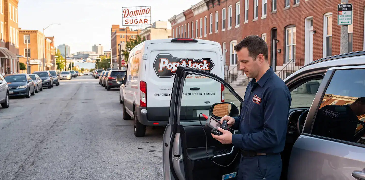 Mobile automotive locksmith programming a new key fob on-site for a driver needing lost car key replacement in Baltimore.